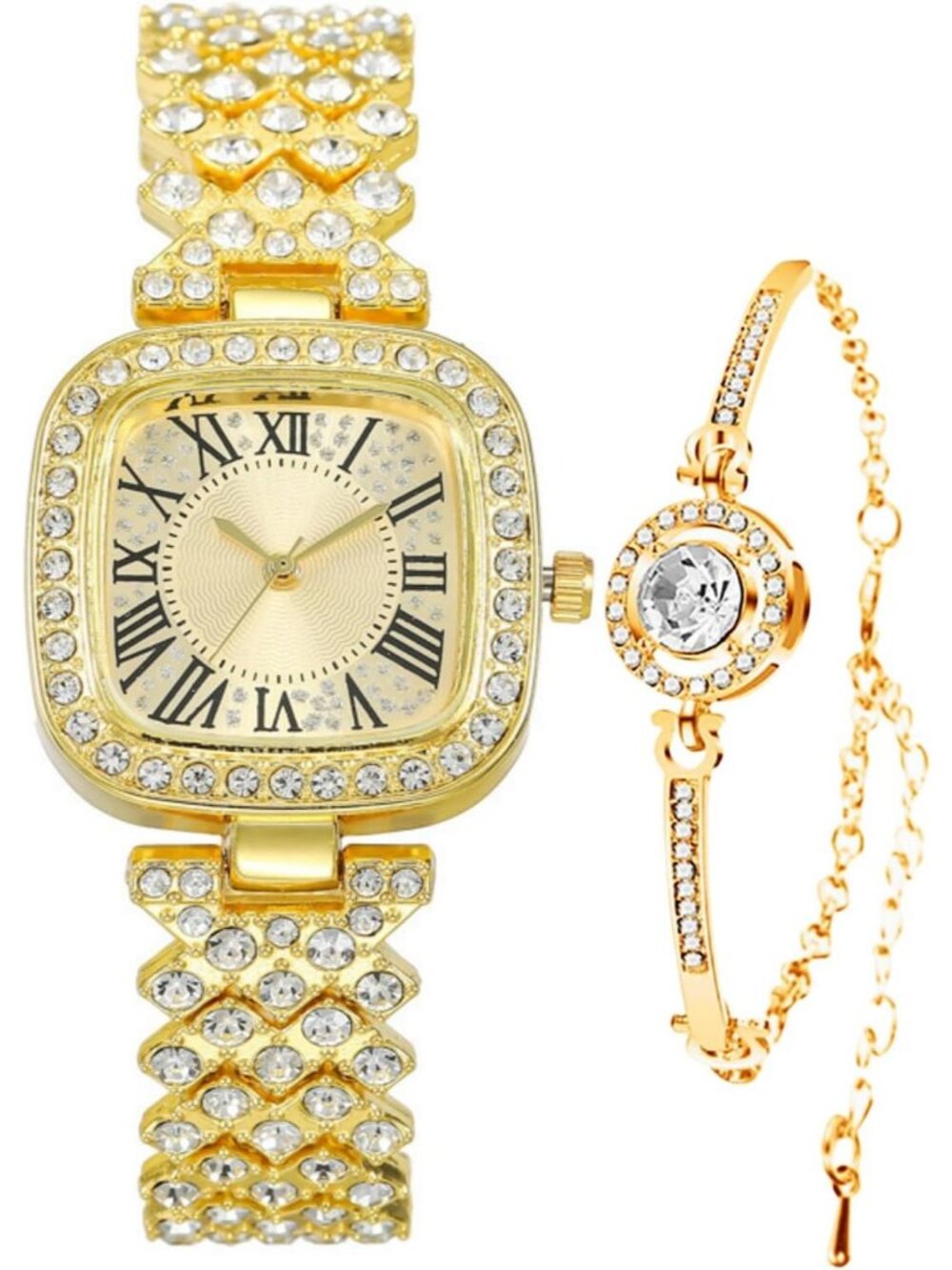 Women's Gold  Fashion Luxury Vintage Diamond Square Digital Quartz Watches